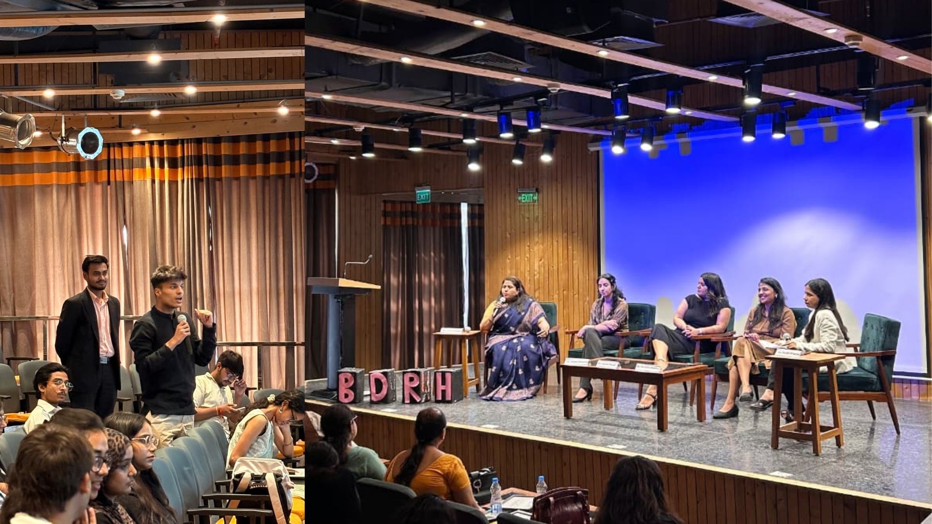 Students speaking on stage and a panel discussion at a #BaDekhRahiHai event, with BDRH letter blocks in the foreground.