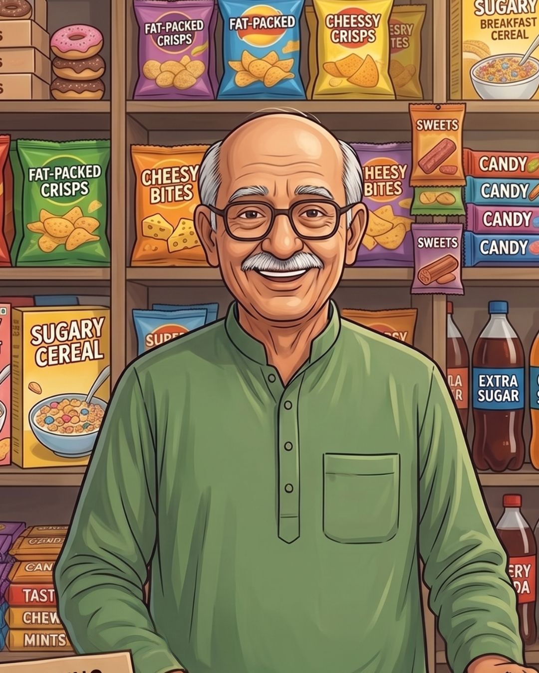 Illustration: Gyaani Chacha behind his shop counter, handing a packet of namkeen across the counter.